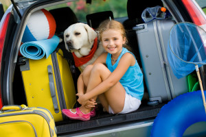 Smiling girl and her dog packed up in the car for a vacation in the Smokies